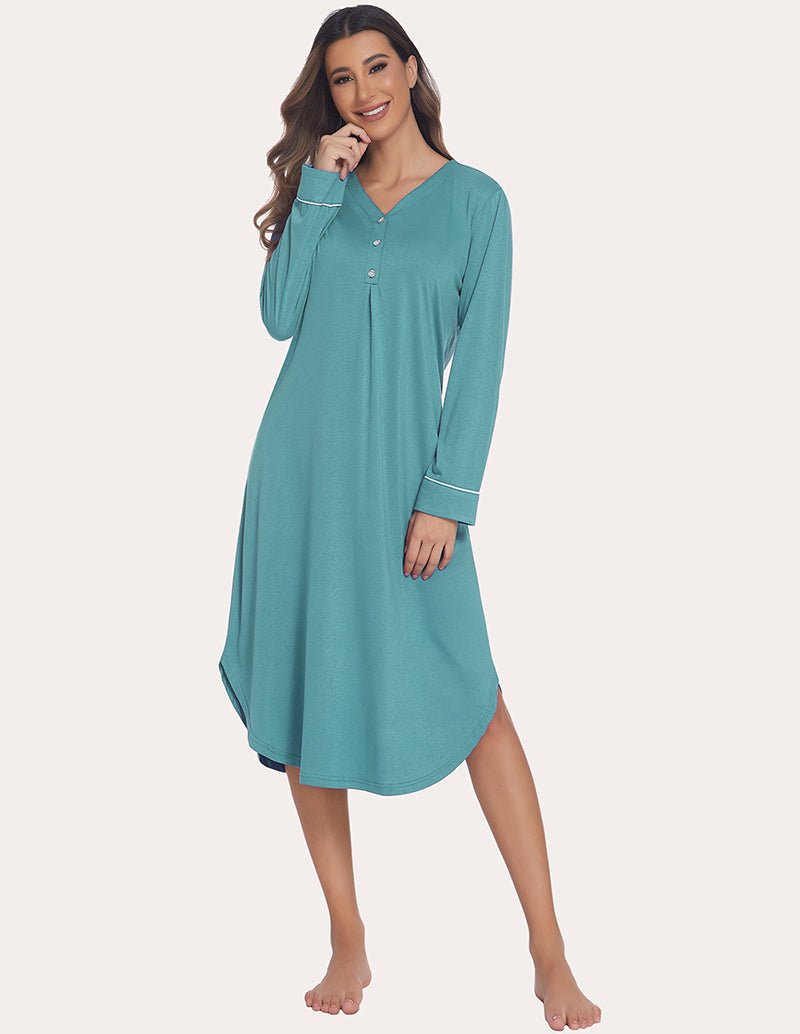 Soft ribbed knit nightgown, teal, long sleeves with buttoned V-neck