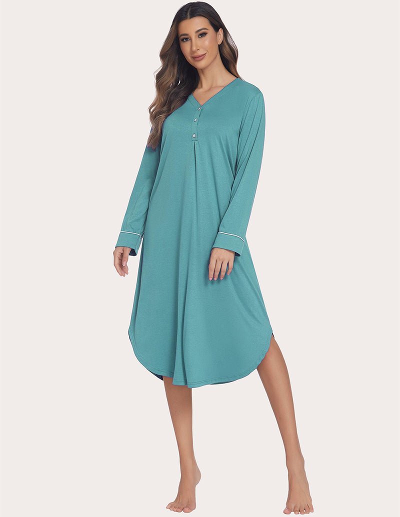 Soft ribbed knit nightgown, teal, knee-length with long sleeves and button V-neck