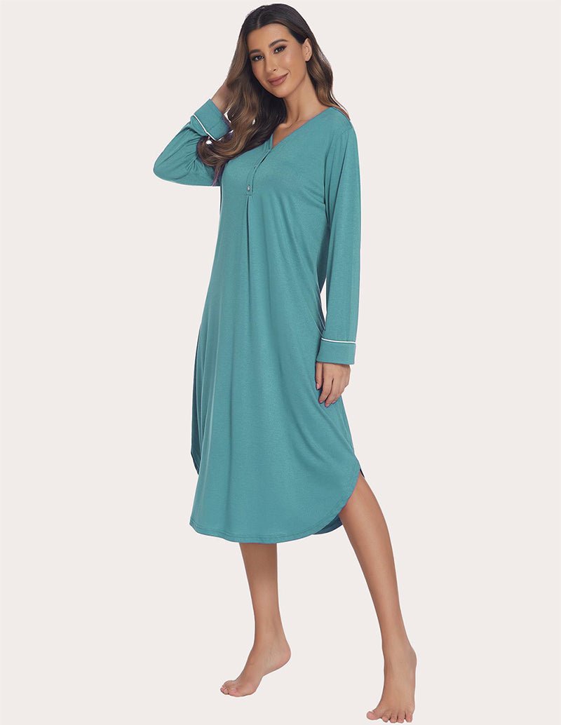 Soft ribbed knit nightgown, teal, angled front view with long sleeves and button V-neck