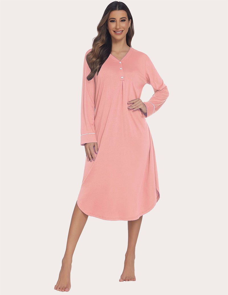 Soft ribbed knit nightgown in pink, button-front V-neck, three-quarter back? long sleeves