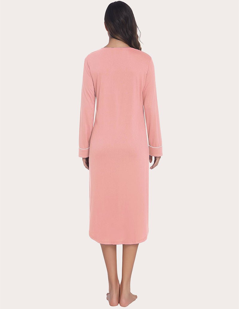 Soft ribbed knit nightgown in pink, back view, long sleeves with contrast trim