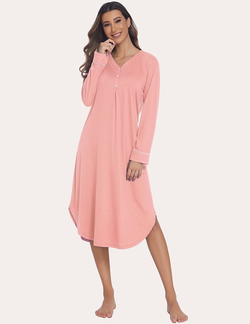 Soft ribbed knit nightgown in pink, V-neck button front, long sleeves with contrast trim