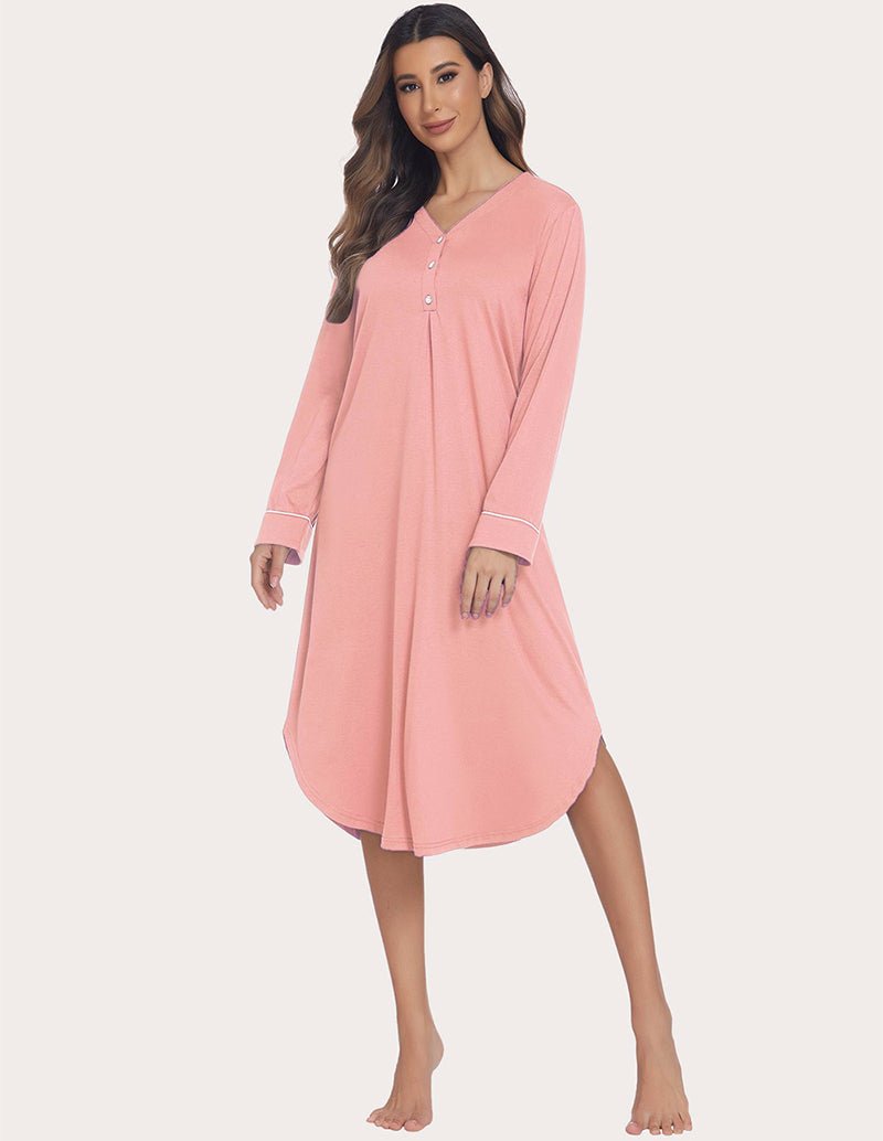 Soft ribbed knit nightgown in pink, V-neck with buttons, long sleeves and contrast cuffs