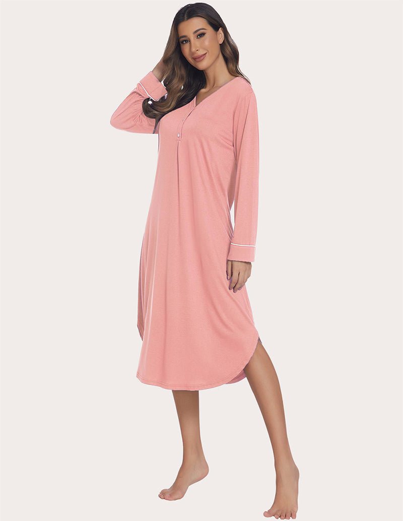 Soft ribbed knit nightgown in pink, V-neck button front, long sleeves with contrast trim