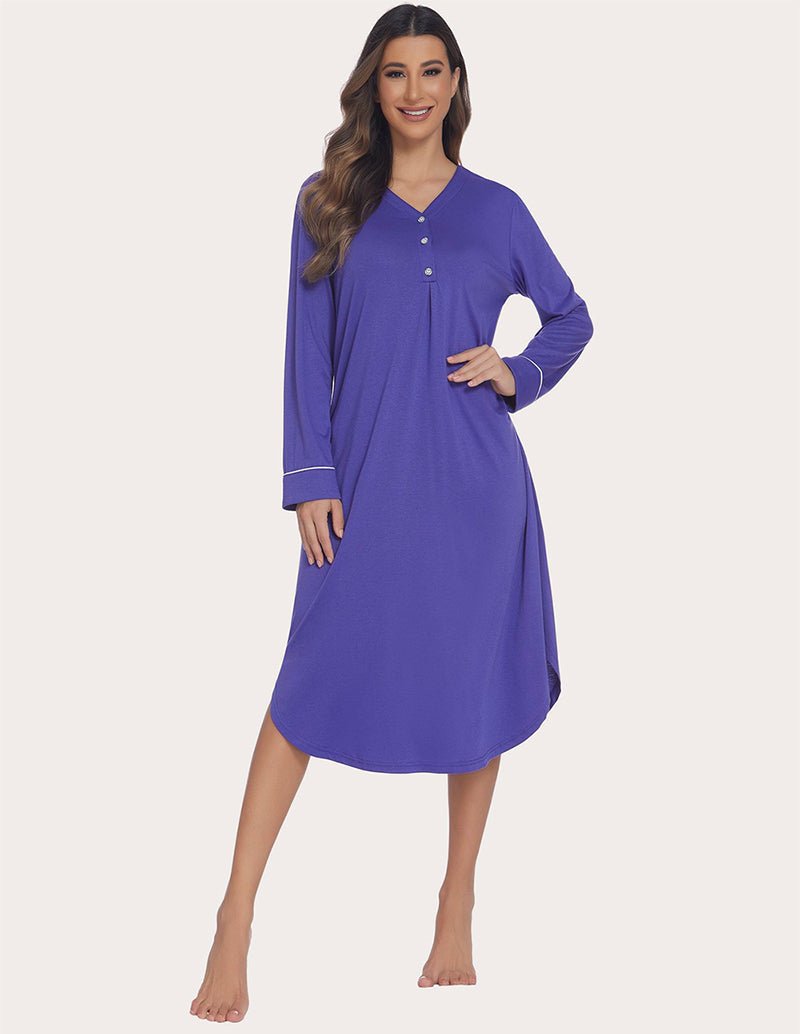 Purple soft ribbed knit nightgown with V-neck buttons, long sleeves, relaxed fit.