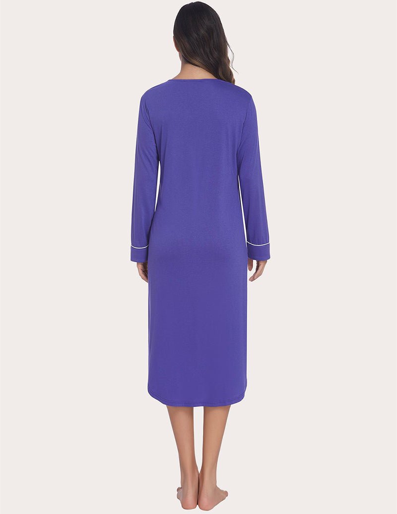 Purple soft ribbed knit nightgown, back view, long sleeves with white cuff trim.