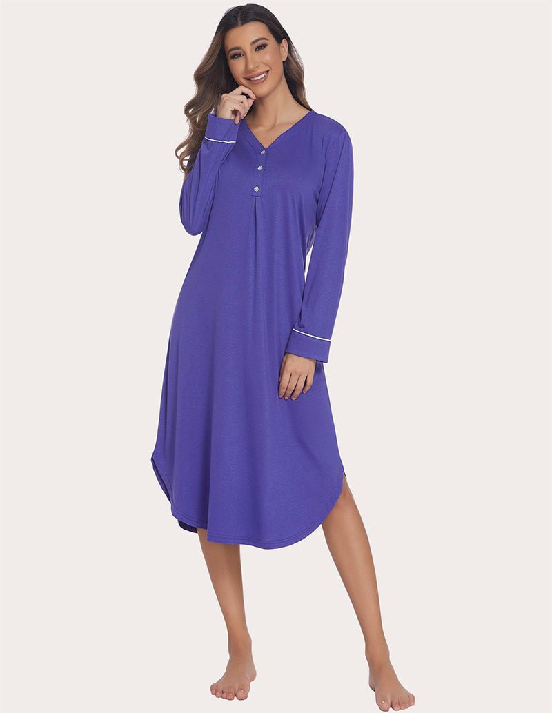 Purple soft ribbed knit nightgown, V-neck button front, long sleeves, cuff trim.