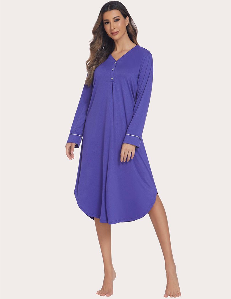 Purple soft ribbed knit nightgown, button V-neck, knee-length, cuff trim.