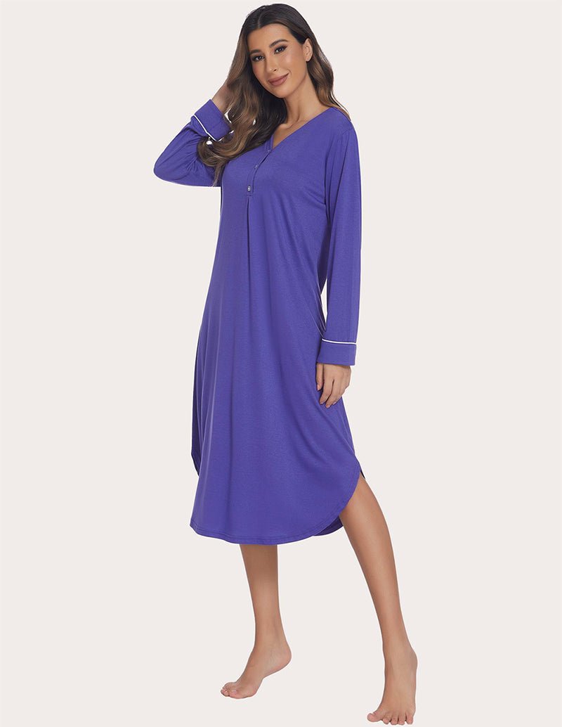 Purple soft ribbed knit nightgown, long sleeves and cuff trim, side view.