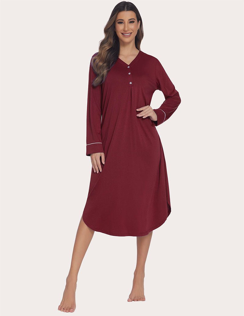 Soft ribbed knit nightgown in wine red, button-front V-neck, long sleeves with contrast cuffs
