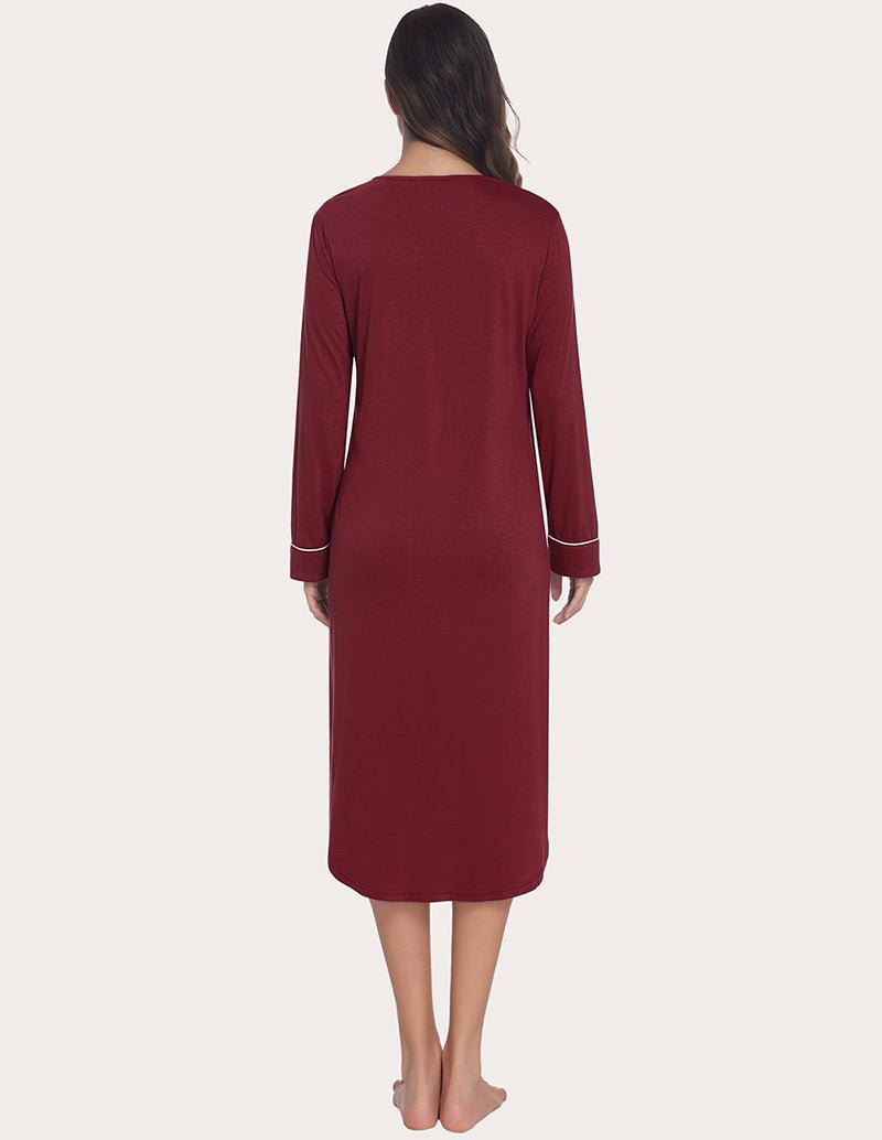 Soft ribbed knit nightgown in wine red, back view, long sleeves with contrast trim