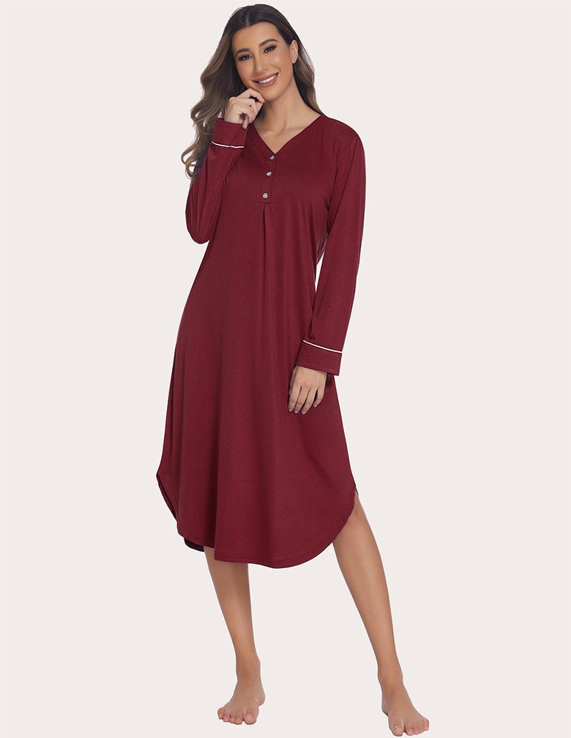 Soft ribbed knit nightgown in wine red, V-neck button front, long sleeves with contrast trim
