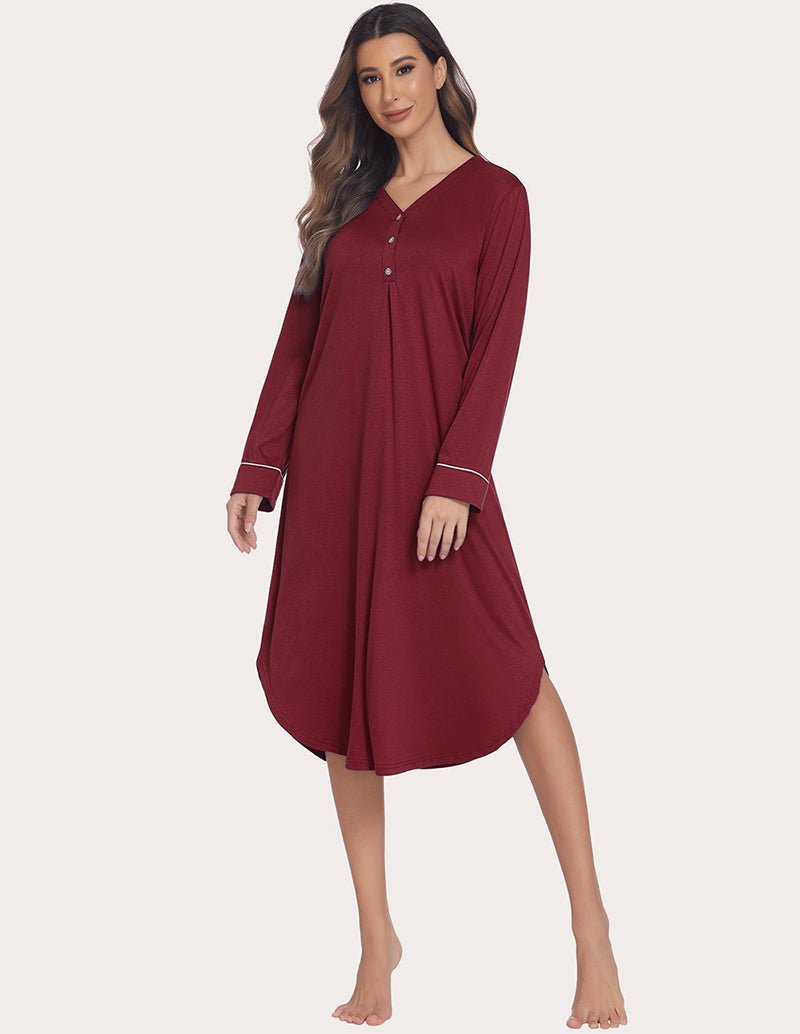 Soft ribbed knit nightgown in wine red, V-neck with buttons, long sleeves and contrast trim