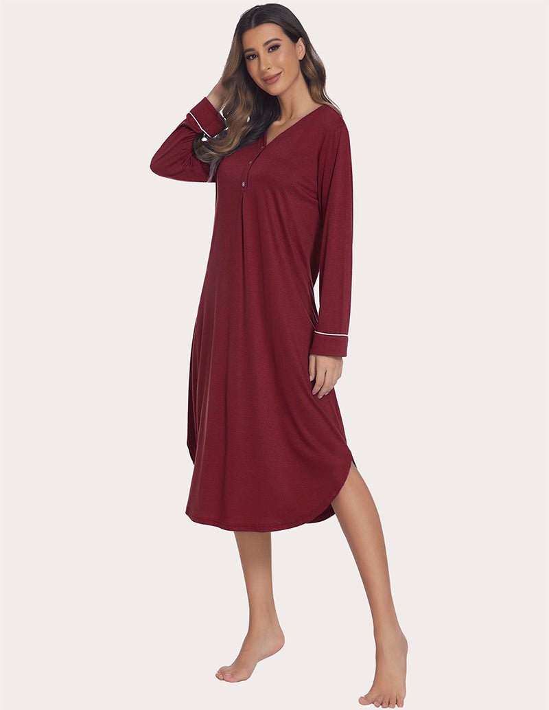 Soft ribbed knit nightgown in wine red, V-neck button front, long sleeves with contrast trim