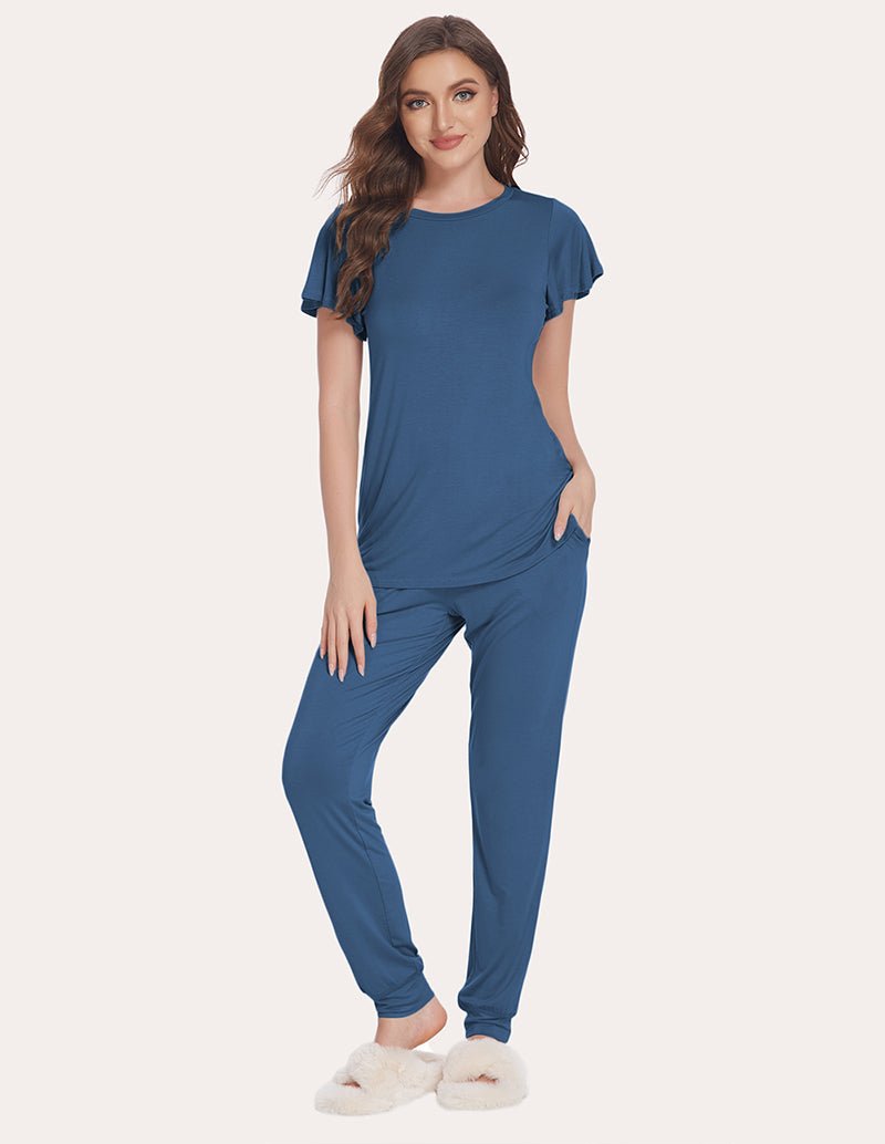 Navy short-sleeve pajama set with crew neck top and tapered jogger pants