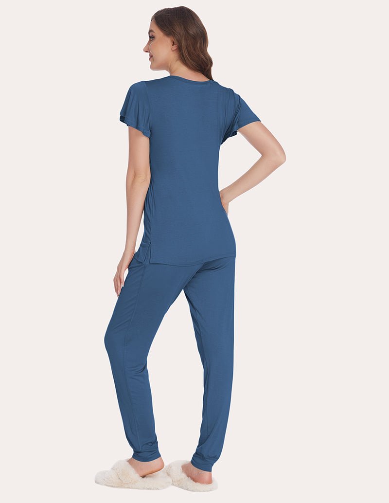 Navy pajama set with short sleeves, back view, matching jogger pants