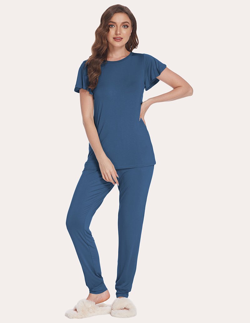 Navy short-sleeve pajama top and jogger pants set, crew neck, elastic cuffs