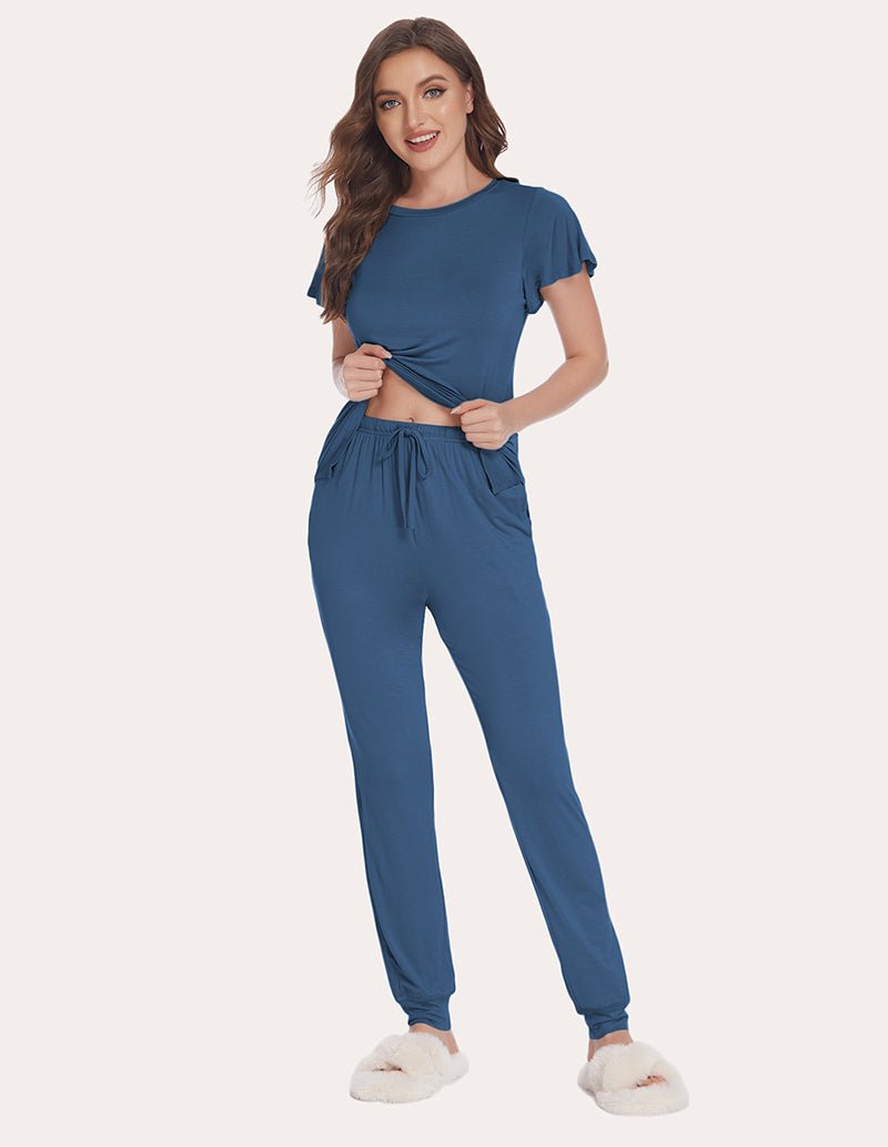 Navy pajama set with drawstring waist jogger pants and short-sleeve crew top