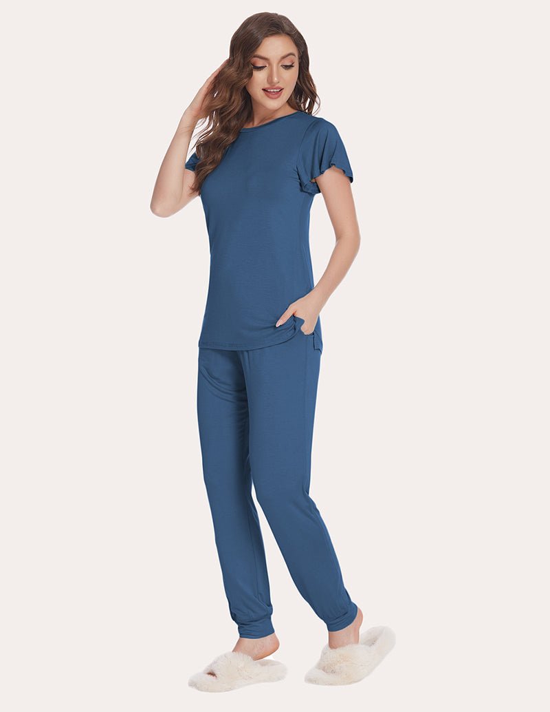 Navy pajama set with short-sleeve top and ankle-length jogger pants, elastic cuffs