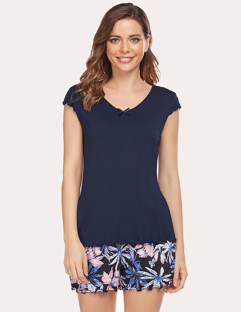Navy V-neck T-shirt and floral printed shorts set, short sleeves and ruffled hem