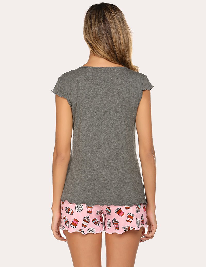 Solid grey T-shirt and pink printed shorts set, back view
