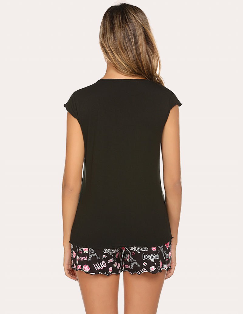 Black T-shirt and black printed shorts set, back view