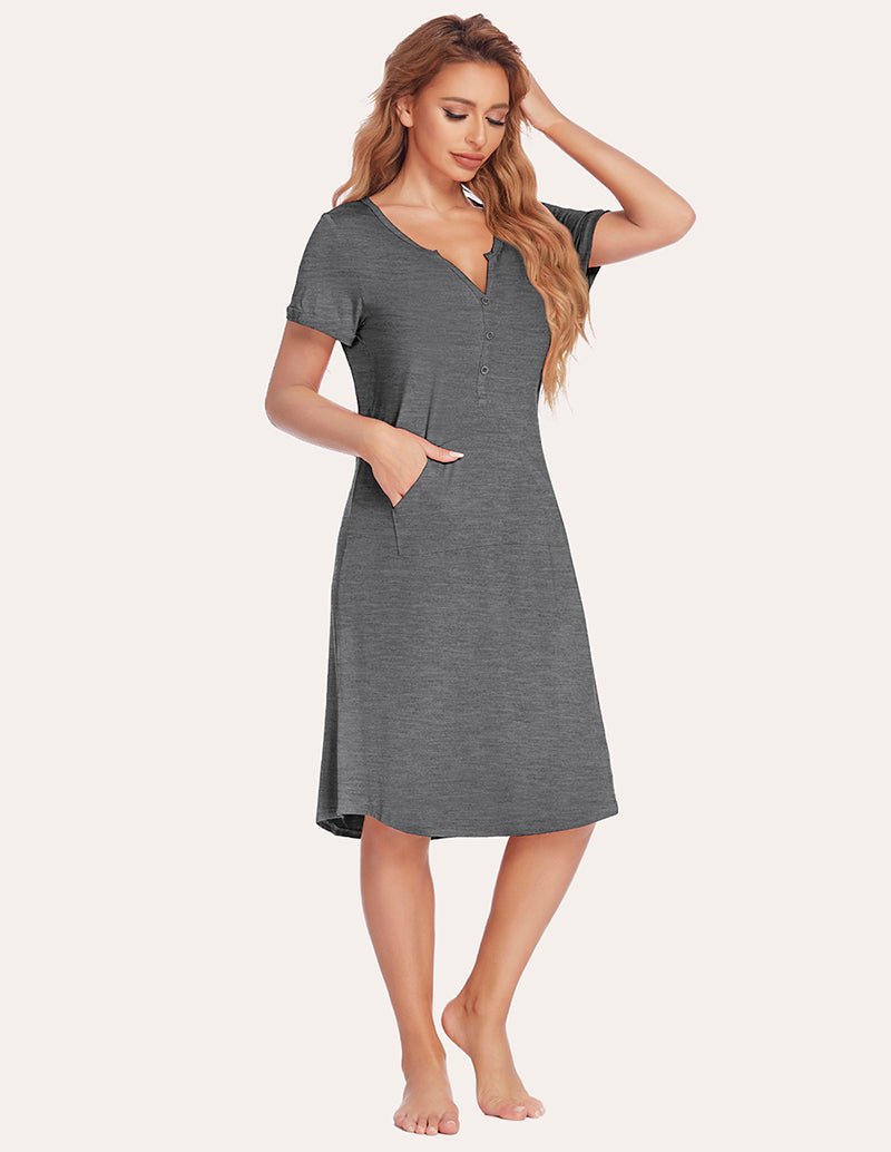 Grey button-front nightdress with V-neck, short sleeves, relaxed midi silhouette