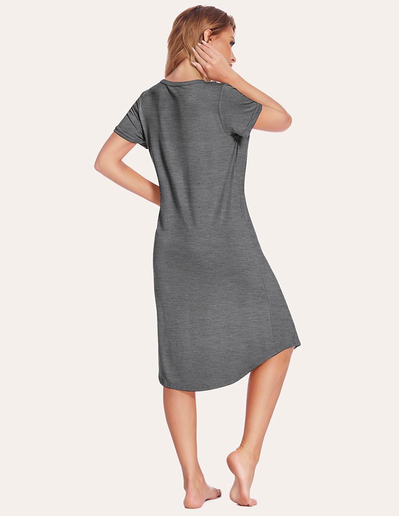 Grey nightdress back view with short sleeves and mid-calf length hem
