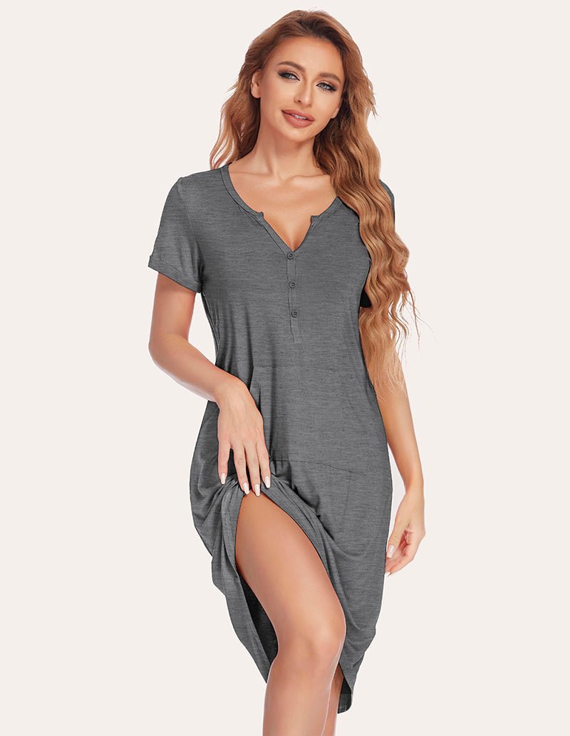 Grey loose nightdress with V-neck and short sleeves, draped side hem detail