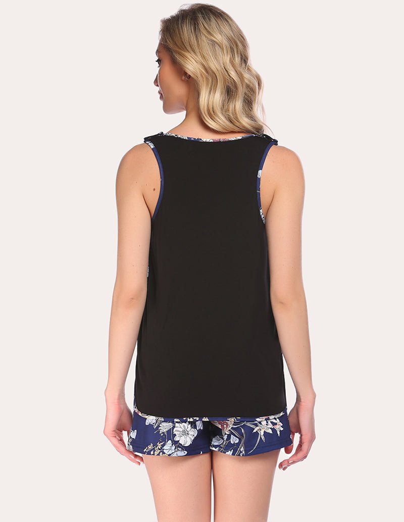 Black maternity pajama set with back sleeveless top and navy floral shorts