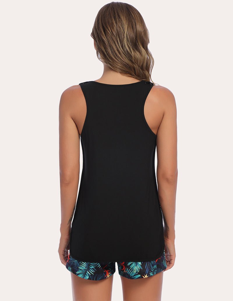 Black maternity pajama tank top with tropical print shorts, back view