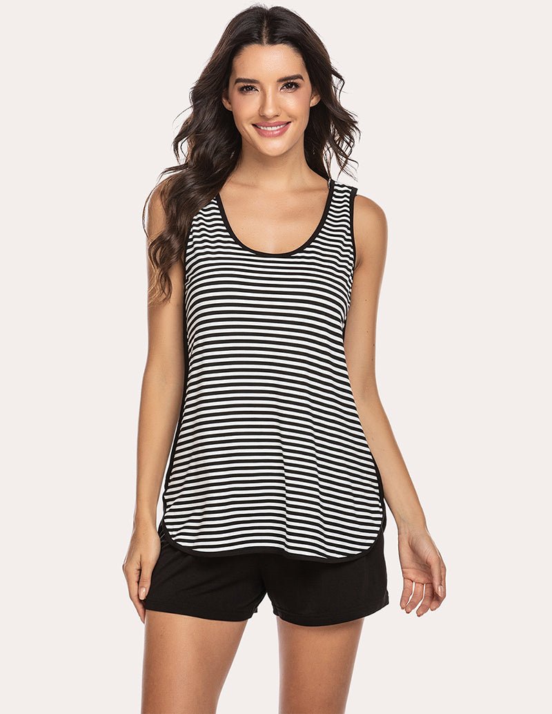 Maternity pajama set with black-and-white striped sleeveless tank and black shorts