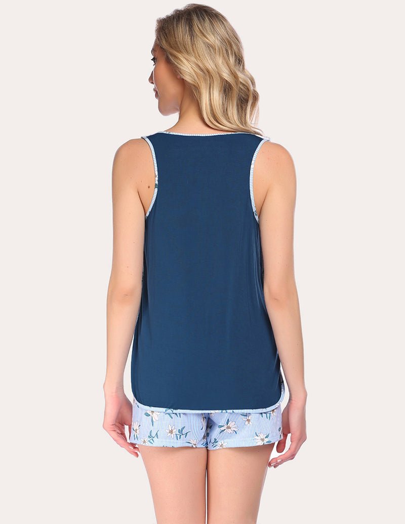 Maternity pajama set, back view: navy tank top with light floral pajama shorts