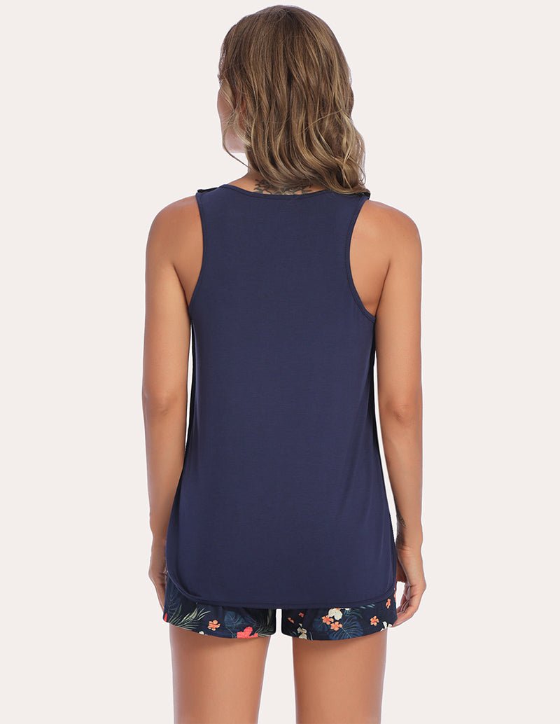 Navy maternity pajama tank top with matching floral hem shorts, back view