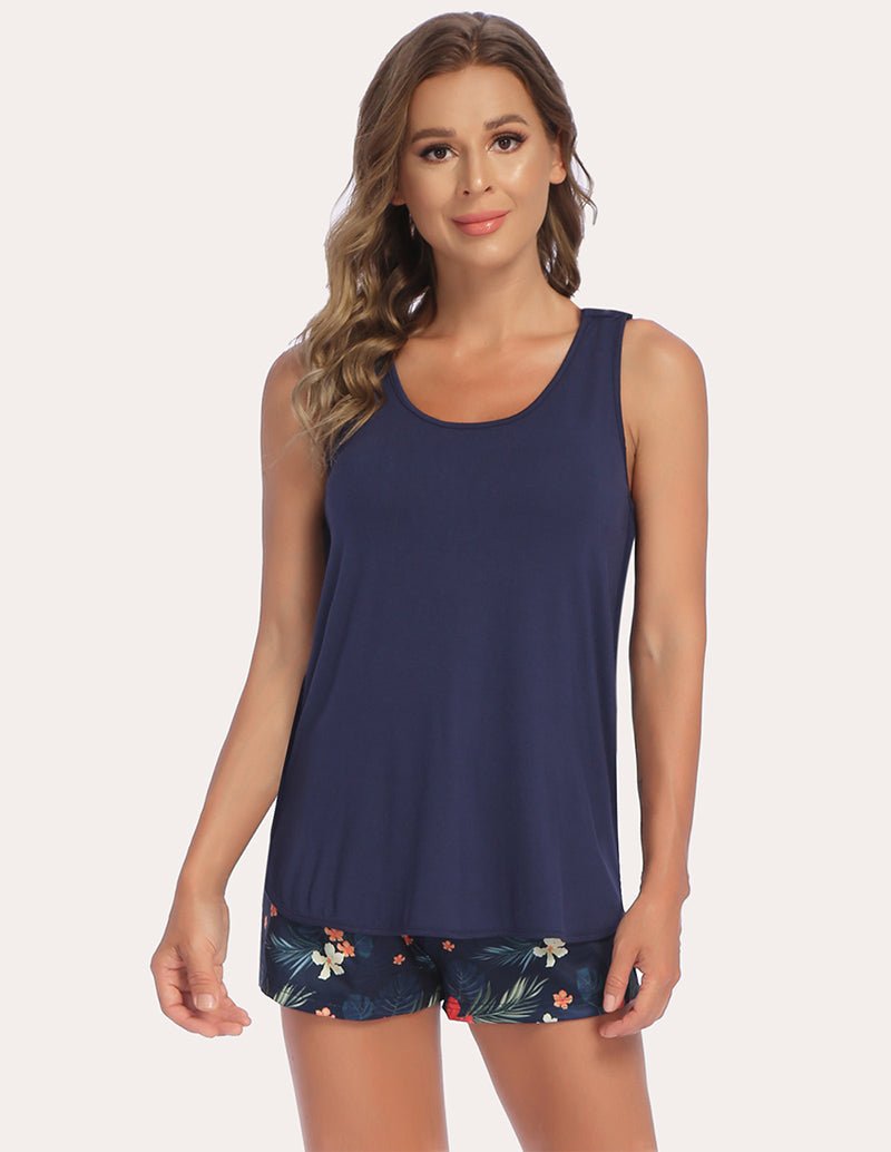 Navy maternity pajama tank top and floral shorts set, sleeveless and relaxed fit