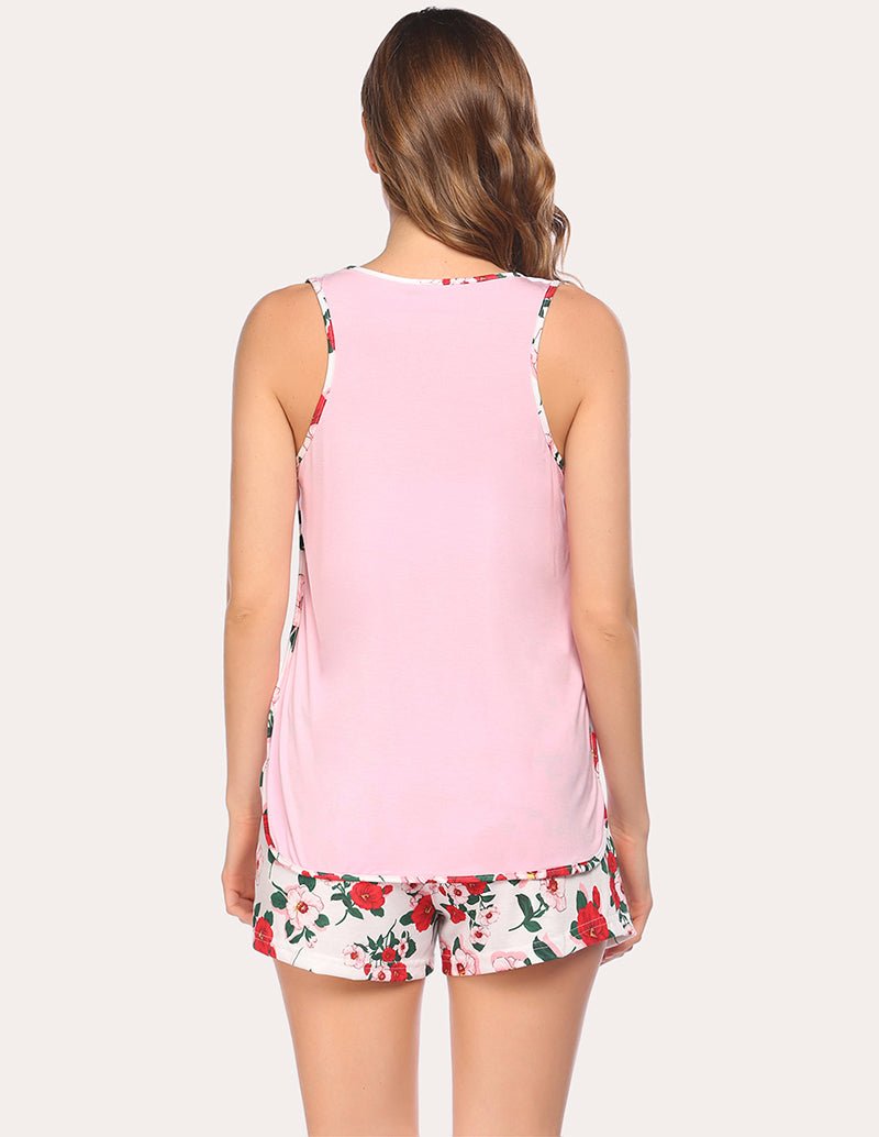 Maternity pajama set, back view: pink sleeveless top and floral pajama shorts
