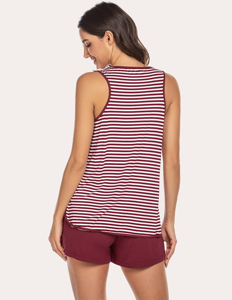 Maternity pajama set with wine-and-white striped sleeveless tank and wine pull-on shorts