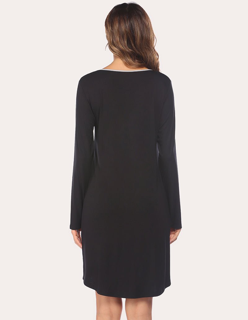Black long-sleeve nightdress, back view with straight hem to mid-thigh