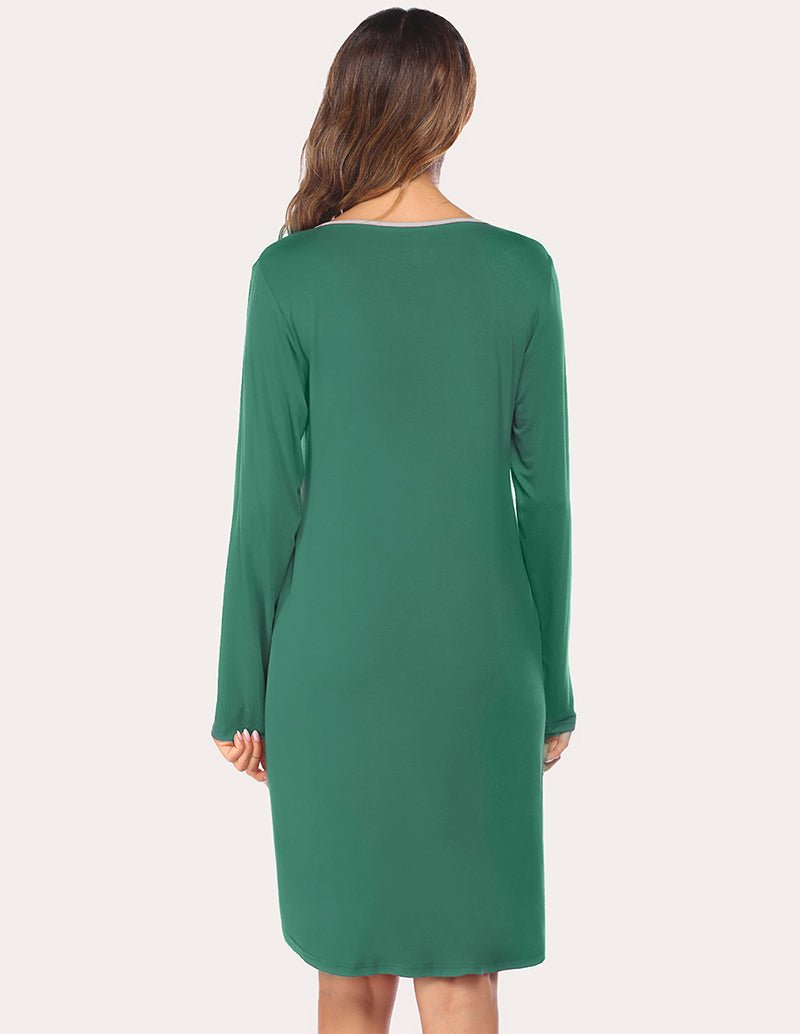 Green long-sleeve nightdress from back view with straight hem and seam details