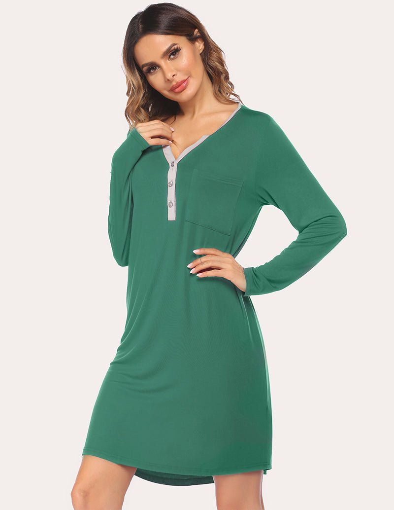 Green long-sleeve nightdress with white button henley placket and straight hem