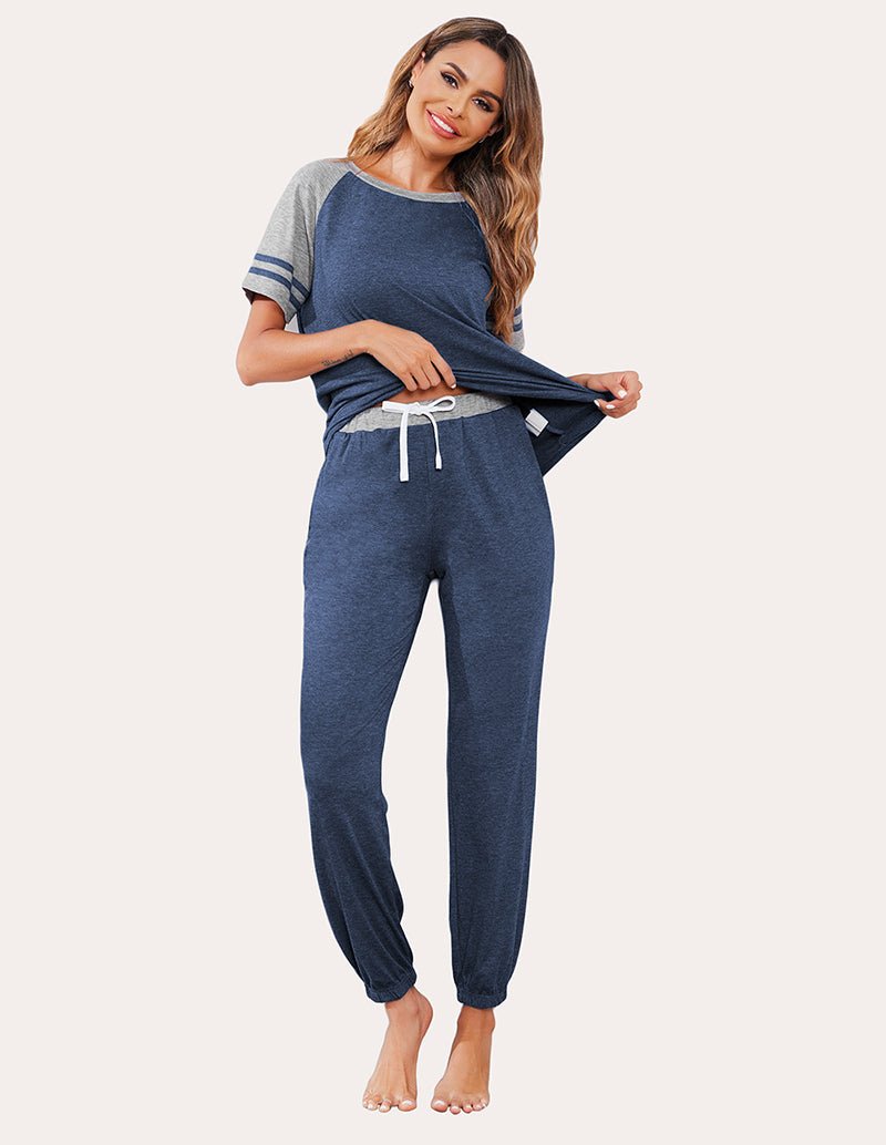 Cobalt blue pajama set with white drawstring waist on tapered jogger pants
