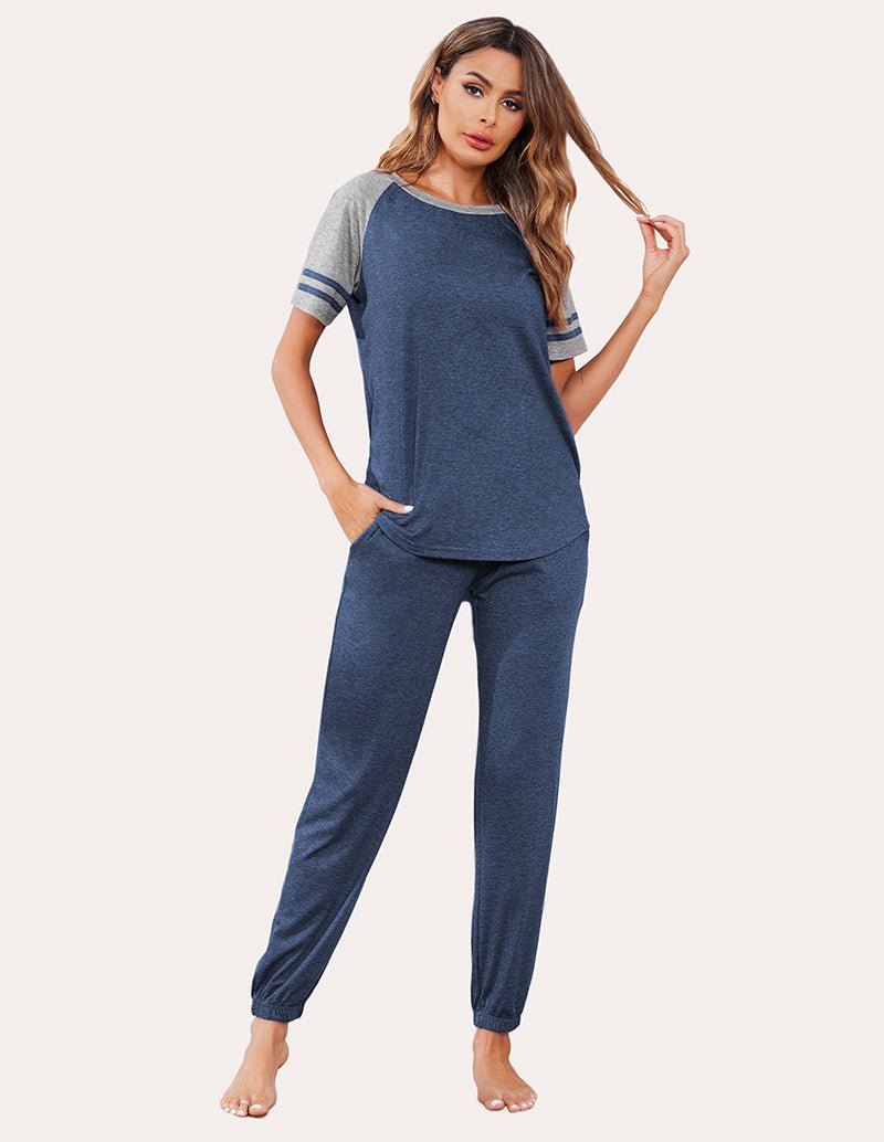 Cobalt blue striped patchwork pajama set: short-sleeve tee and cuffed jogger pants