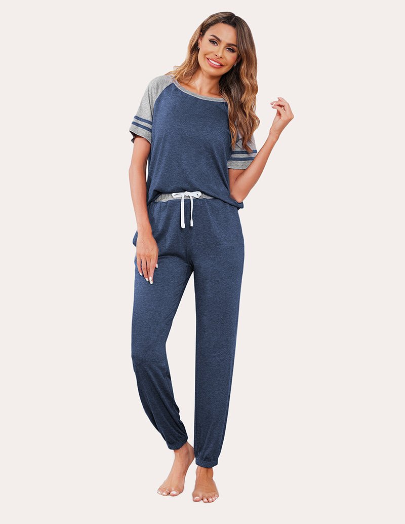 Cobalt blue striped patchwork pajama set with round neck tee and drawstring joggers