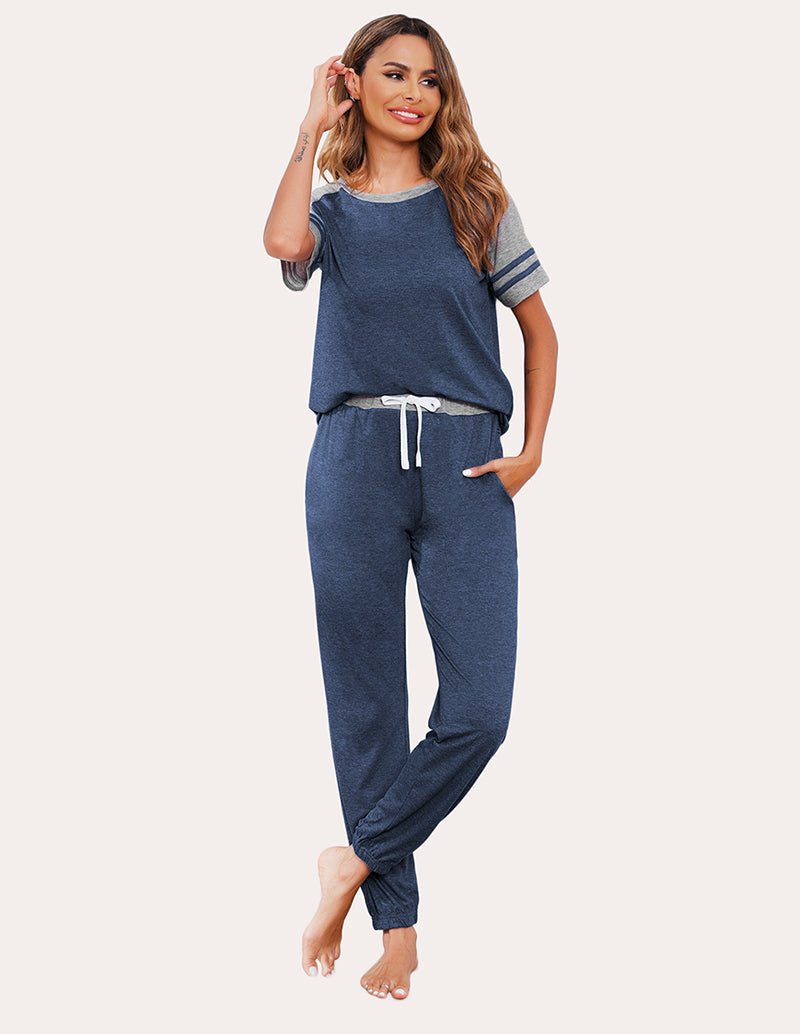 Cobalt blue striped patchwork pajama set, relaxed fit tee and matching jogger pants