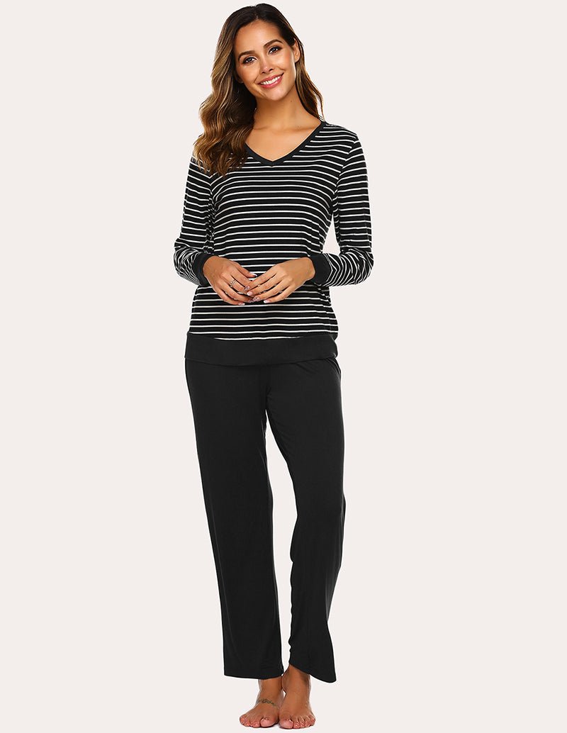 Women’s striped pajama top and solid pants set, black and white stripes with black pants