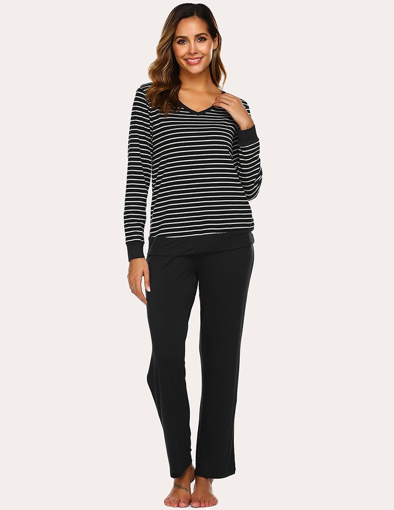 Ekouaer pajama set: black striped V-neck top, matching solid black pants
