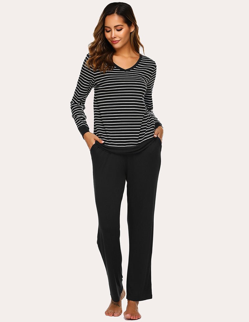 Women’s striped pajama top and solid pants set, V-neck top with black and white stripes