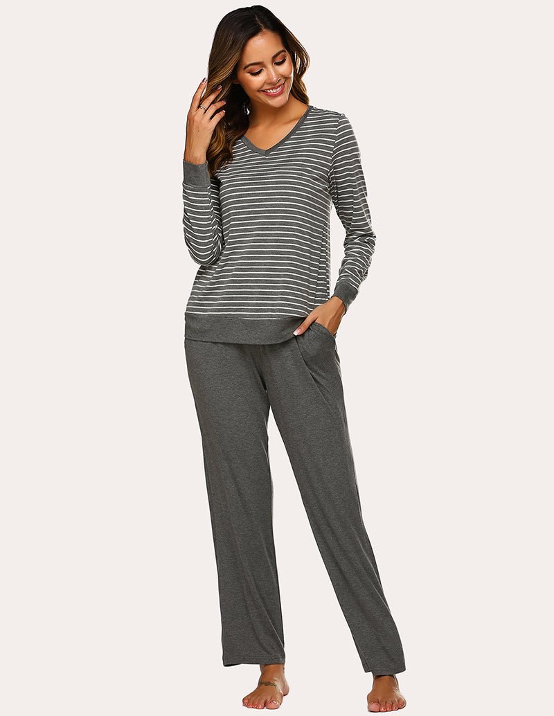 Women’s striped pajama top and solid pants set, gray and white striped top with gray pants