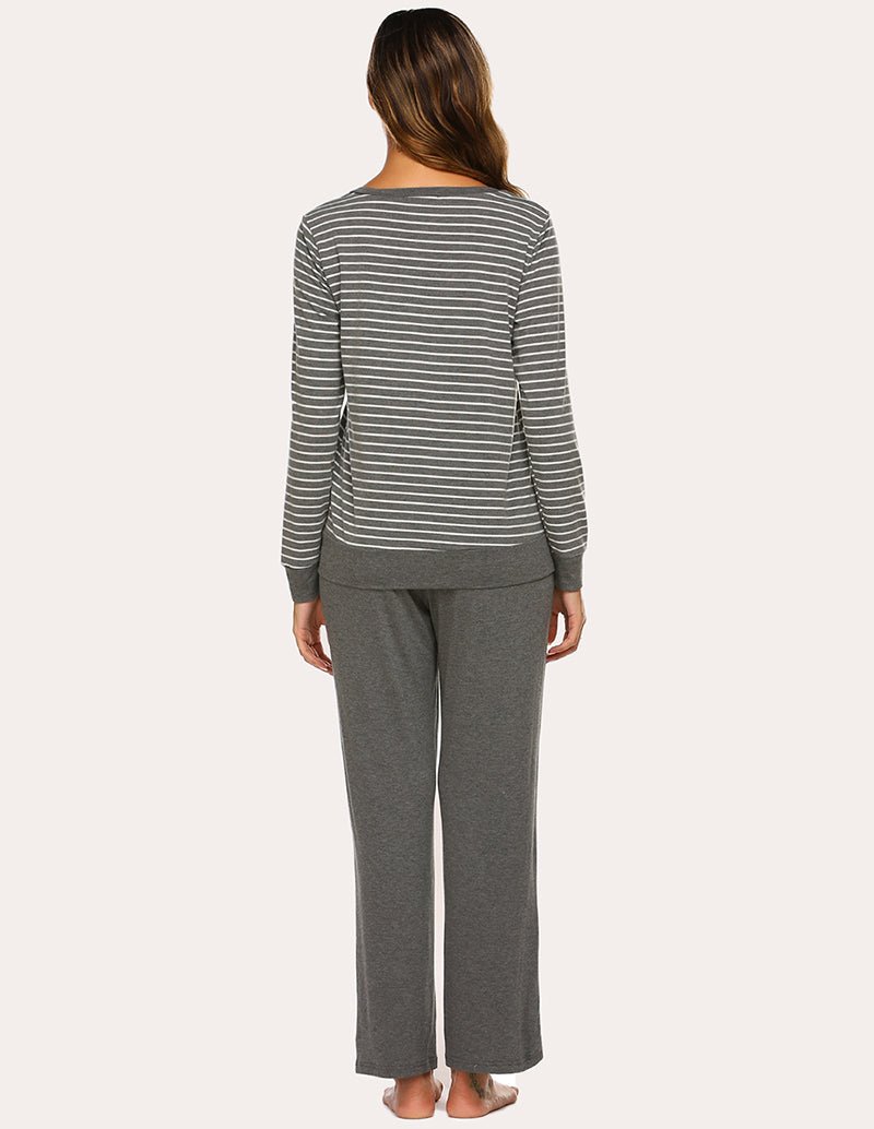 Women’s striped pajama top and solid pants set, back view with gray and white stripes