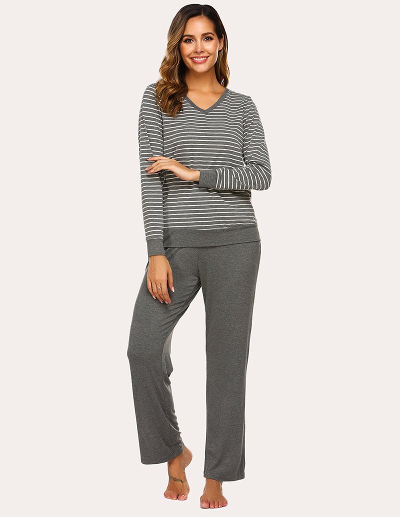 Women’s striped pajama top and solid pants set, gray and white stripes with gray pants